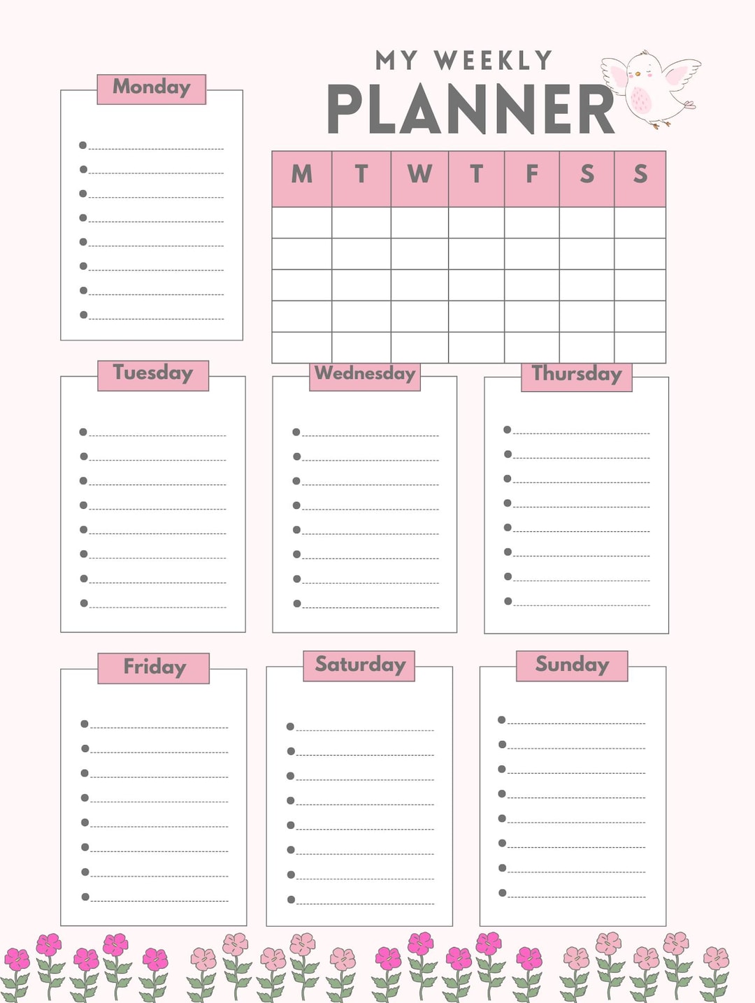Cute Weekly Planner Printable ,A4 PDF | Pastel Bird & Floral Design ...