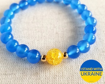 I Stand With Ukraine 8mm Gemstone Stretchy Bracelet | Blue Agate, Yellow Crackle Quartz, Gold Hematite & Sunflower Charm | Ukraine Donation