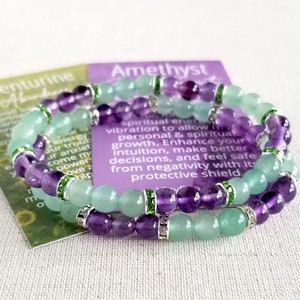 Green Aventurine & Amethyst Beaded Bracelet with Sterling Silver Plated Brass Rhinestone Accent Beads | Stretchy Stackable | 6mm Bead Size