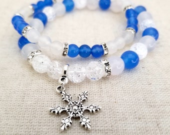 2 Christmas Bracelets | Blue & White Agate and Crackled Quartz with Snowflake or Snowman Charm | Set of 6mm, 8mm Stretch Holiday Bracelets