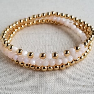Gold Hematite & Pink Mother of Pearl Stretchy Bracelets 4mm Minimalistic Jewelry Design Stackable Set of 3 Gemstone Bracelets image 1