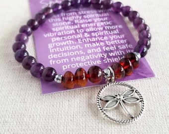 Amethyst & Fossilized Resin Stretchy Stackable Bracelet with Choice of Dragonfly Charm | Outlander Jewelry | Dragonfly Charm | 6mm Bead Size