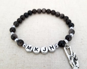Michael Hutchence Silver Sheen Obsidian Bracelet with Initials "MKJH" + Peace Sign Charm | INXS inspired | 6mm Bead Size | Men, Women, Kids