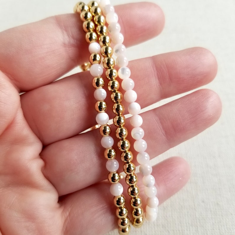 Gold Hematite & Pink Mother of Pearl Stretchy Bracelets 4mm Minimalistic Jewelry Design Stackable Set of 3 Gemstone Bracelets image 5