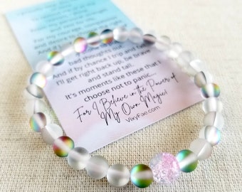 Mystic Aura Angel Quartz Gemstone Bracelet with Pink Glass Crackle Bead Centerpiece | 6mm Beads | Summer Jewelry | Unpolished Mermaid Glass