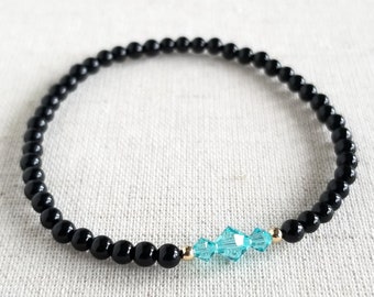 Black Agate & Swarovski Crystal Minimalistic Bracelet | Light Turquoise Crystal Centerpiece | Gold Hematite | Dainty 4mm Beads | Stackable