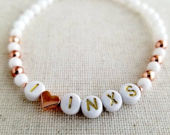 INXS Inspired 4mm White Jade, Rose Gold Hematite With White Letter Beads Spelling "I [heart] INXS" | Michael Hutchence | INXS Gifts For Her