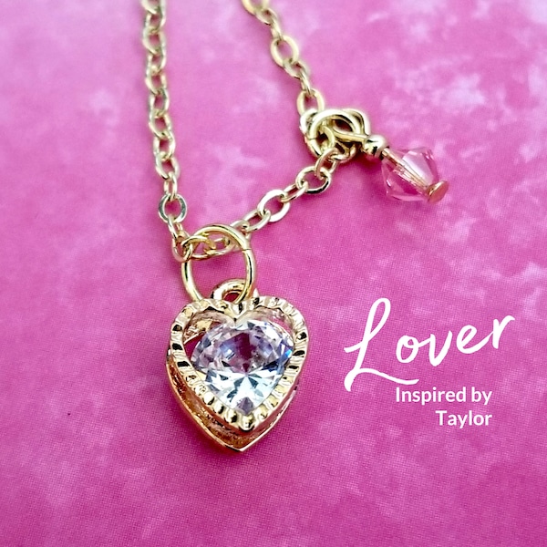 Lover Era Heart Gold Necklace | 18" 14K Gold Plated Brass Link Chain w/ 2" Extender & Tiny Crystal Charm | Swifty Merch Gifts