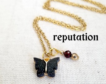 Reputation Black Glitter Butterfly Gold Necklace | 18" Gold Colored Stainless Steel Link Chain w/ 2" Extender | Swifty Gifts | Swifty Merch