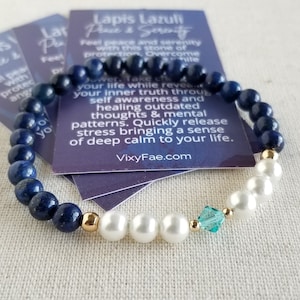 Discovery of Witches 6mm Lapis Lazuli, Shell Pearl, Gold Hematite & Swarovski Crystal Stretch Bracelet | Diana Bishop Inspired | ADOW