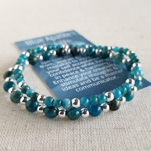 Blue Apatite & Silver Hematite Stretchy Stackable Gemstone Bracelets | Men Women Children Sizes | 4mm or 6mm Beads | Minimalistic Jewelry