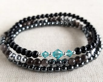 Stackable Protection Minimalistic Bracelets | Silver Sheen Obsidian, Black & Silver Hematite, Black Agate, Swarovski Crystals | Tiny 4mm