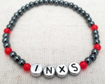 INXS Inspired 4mm Black Hematite & Red Jade Chalcedony With Silver and Black "INXS" Centerpiece | Michael Hutchence | INXS Gifts