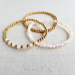 Gold Hematite & Pink Mother of Pearl Stretchy Bracelets 4mm Minimalistic Jewelry Design Stackable Set of 3 Gemstone Bracelets image 2