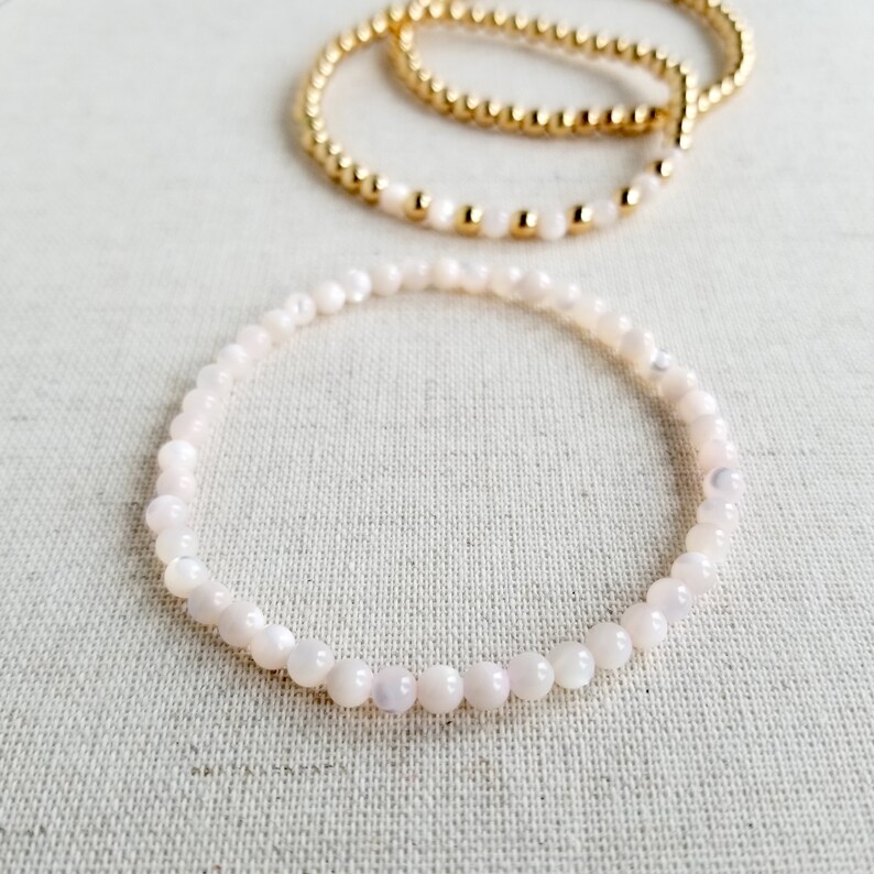 Gold Hematite & Pink Mother of Pearl Stretchy Bracelets 4mm Minimalistic Jewelry Design Stackable Set of 3 Gemstone Bracelets image 4