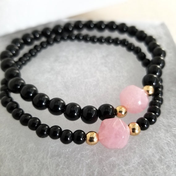 STONE BEAD BRACELET 4 MM W/GOLD BEADS ROSE STONE BEAD BRACELET 4 MM W/GOLD BEADS ROSE