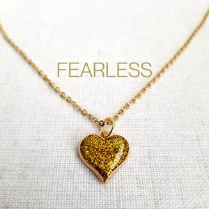 Fearless Yellow and Gold Glitter Heart Necklace | 18&quot; Gold Color Stainless Steel Chain w/ 2&quot; Extender | Swifty Merch Gifts | Gift for Swifty