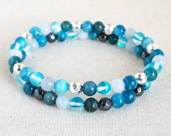 Blue Apatite, Aquamarine, Mystic Aura Quartz, & Hematite Gemstone Stretch Bracelet | 6mm Bead Size | Gifts for Her | Calming Bracelet
