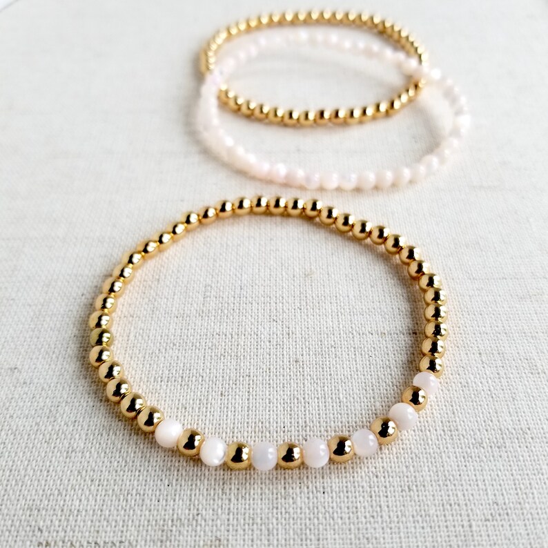 Gold Hematite & Pink Mother of Pearl Stretchy Bracelets 4mm Minimalistic Jewelry Design Stackable Set of 3 Gemstone Bracelets image 3