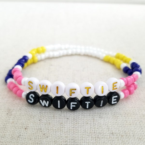 Custom Swifty Bracelet Inspired by Tay | 4mm Glass Seed Beads in Lover Pink, Midnight Blue, Yellow & White Gift for Swifty Merch
