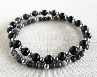 Silver Sheen Obsidian & Silver Hematite Beaded Stretchy Stackable Gemstone Bracelet | Men Women Children | 4mm or 6mm | Minimalistic Jewelry