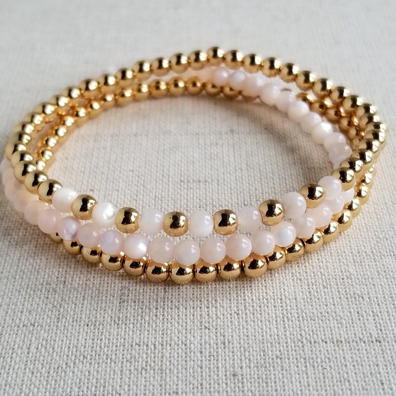 Gold Hematite & Pink Mother of Pearl Stretchy Bracelets 4mm Minimalistic Jewelry Design Stackable Set of 3 Gemstone Bracelets image 1