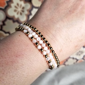 Gold Hematite & Pink Mother of Pearl Stretchy Bracelets 4mm Minimalistic Jewelry Design Stackable Set of 3 Gemstone Bracelets image 9