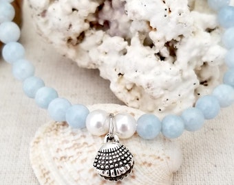 Aquamarine & Shell Pearl Stretchy Gemstone Beaded Bracelet with Silver Sea Shell Charm | 6mm Beads | Stackable | Summer Beach Jewelry