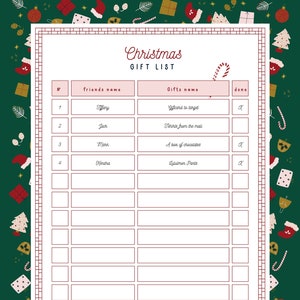 Druckbare Weihnachtsgeschenkliste, Weihnachtsgeschenk-Tracker, Weihnachtsgeschenkliste PDF, Weihnachtswunschliste, druckbar, digitaler Download, Xmas