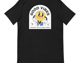 Good Vibes Young Wild and Free T-shirt Cup Head Cartoon Smiley Face Retro