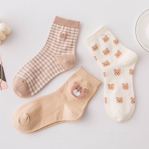 Set of 3 socks | Cute socks | Bear socks | Kawaii socks | Quarter socks | Crew socks | Women socks