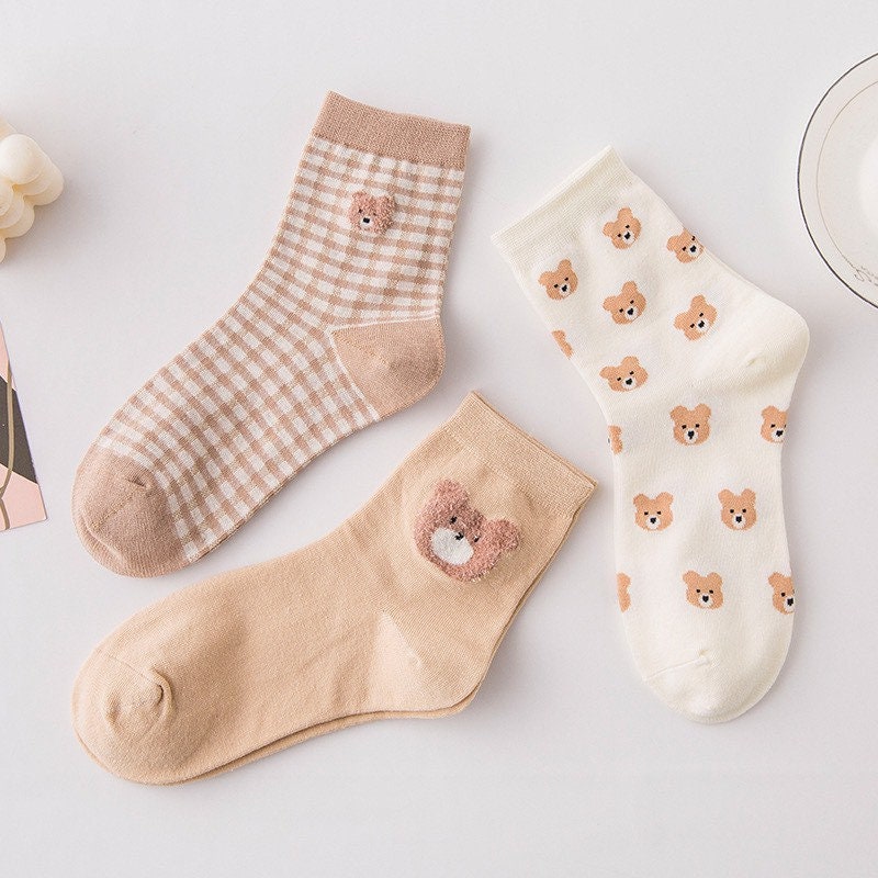 Set of 3 Socks Cute Socks Bear Socks Kawaii Socks Quarter Socks