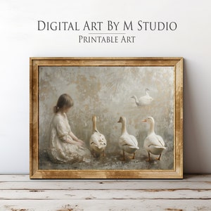 Girl with Ducks Vintage Oil Painting, Country Wall Art Decor Print - Printable - 186