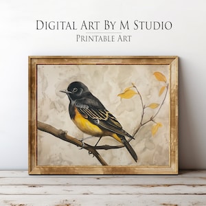 Autumn Print Bird on a Branch, Oil Painting - Vintage Rustic Yellow Black Bird Wall Art Decor Print - Printable - 163