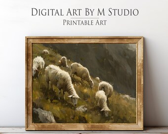 アンティーク羊の絵画：ヴィンテージ農家の風景画（デジタル印刷可能