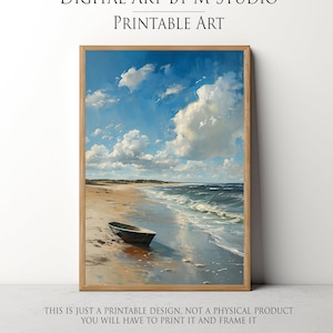 Beach Scene with a Boat Vintage Painting - Soft Coastal Landscape, Summer Printable - Digital Printable 127