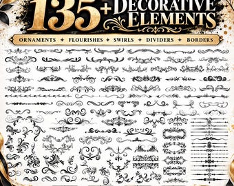May include: A digital collection of 135+ decorative elements including black ornaments, flourishes, swirls, dividers, and borders. The graphic features gold text reading 135+ DECORATIVE ELEMENTS and labels for SVG, PNG, DXF, and EPS file formats.