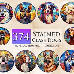 May include: A set of 374 stained glass dog illustrations. The dogs are depicted in a variety of breeds and poses, with colorful stained glass patterns. The illustrations are 4K resolution PNG files with transparent backgrounds.