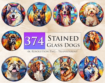 Pacote de 374 cães de vitral PNG - Desenhos de cães, sublimação, imprimível, transparente, golden retriever, pastor alemão - download digital