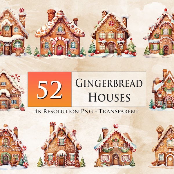 52 Gingerbread House Clipart, Gingerbread Clipart, Watercolor Gingerbread Houses, Scrapbooking, Printable, Sublimation - Instant Download
