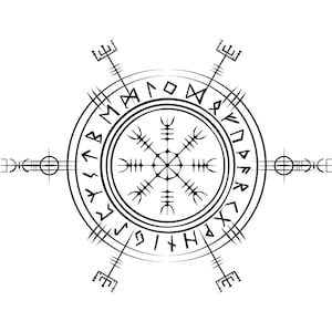 May include: Black and white illustration of a compass with a runic symbol in the centre surrounded by a circle of runes. The compass has eight points and is surrounded by a circle of runes.