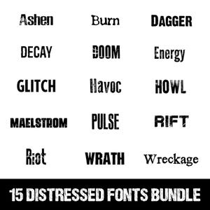 Könnte beinhalten: Ein Schwarz-Weiß-Bild mit 15 verwitterten Schriftarten. Jede Schriftart wird mit einem einzelnen Wort wie "Ashen", "Burn" und "Dagger" dargestellt. Die Wörter sind in verschiedenen Stilen gehalten, mit einer Grunge- oder Vintage-Ästhetik. Der Text "15 DISTRESSED FONTS BUNDLE" steht unten.
