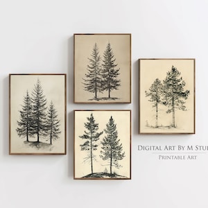 May include: Set of four printable art prints featuring black and white illustrations of pine trees on a beige background. The prints are framed in a simple brown frame. The text "DIGITAL ART BY M STUDIO PRINTABLE ART" is at the bottom of the image.