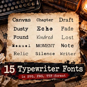 May include: A digital collection of 15 typewriter fonts presented on a piece of aged, textured paper. The text displays words including Canvas, Chapter, Draft, Dusty, Echo, Fade, Found, Kindred, Lost, Manual, MOMENT, Note, Relic, Silence, and Writer.
