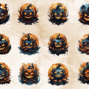 Puede incluir: Doce ilustraciones digitales de calabazas de Halloween con ojos y bocas brillantes, sobre un fondo de lavados de acuarela naranja y marr&oacute;n.