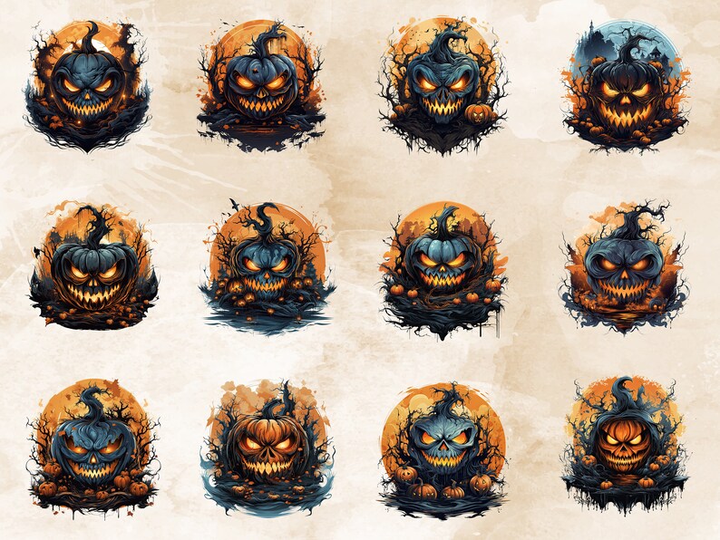 Puede incluir: Doce ilustraciones digitales de calabazas de Halloween con ojos y bocas brillantes, sobre un fondo de lavados de acuarela naranja y marr&oacute;n.