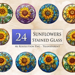 24 Stained Glass Sunflowers PNG Bundle - Sublimation, Sunflower Design, T-Shirt Design, Stained Glass Pattern, Printable - Digital Download