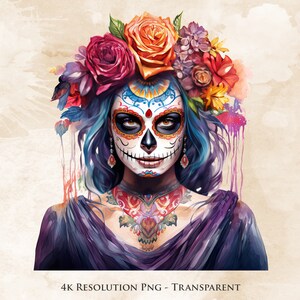 Calavera Catrina Aquarell PNG - Dia De Los Muertos Sublimation, mexikanisches Halloween, Sugar Skull, transparent, druckbar