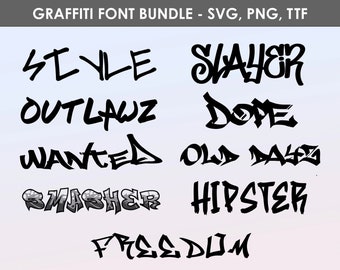 9 Graffiti-Schriftarten, Urban-Schrift - Schriftenpaket #1 SVG, PNG, TTF - Alphabet Buchstaben und Zahlen - Cricut-Schriftarten - Digitaler Download