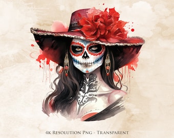 Calavera Catrina Watercolor PNG - Dia De Los Muertos Sublimation, Mexican Halloween, Sugar Skull, Transparent, Printable
